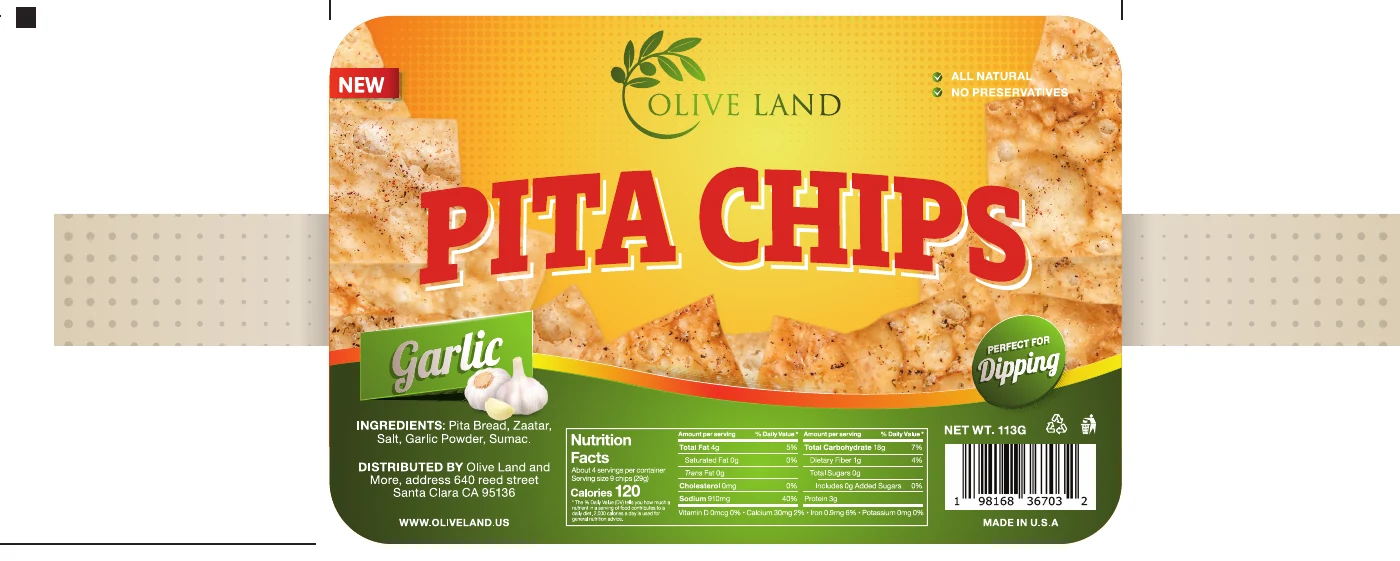 Olive Land pita-chip packaging artwork